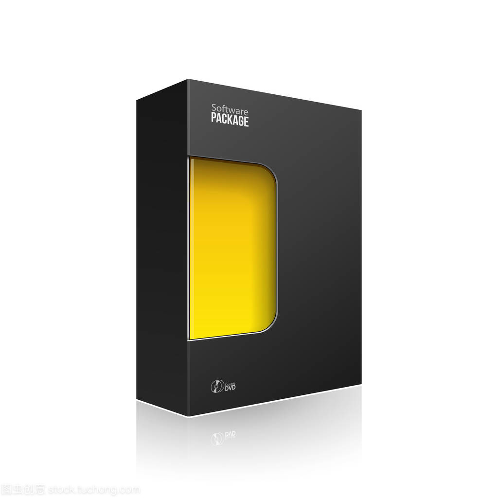 黑色現(xiàn)代軟件產(chǎn)品包裝盒, 帶有黃色橙色窗口, 用于 Dvd 或 Cd 盤。3d 在白色背景上的插圖被隔離。為您的設(shè)計(jì)做好準(zhǔn)備。包裝.矢量 Eps10